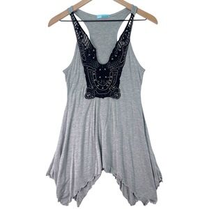 QUEEN ESTHER Grey‎ Black Lace Embellished Asymmetrical Handkerchief Hem Tank S-M